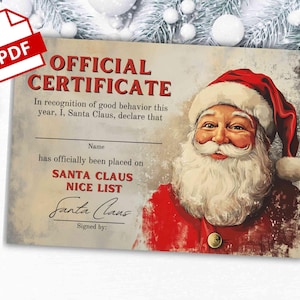 Certificado oficial imprimible de la lista de buenos actos de Papá Noel, carta de Papá Noel, certificado de buenos actos de elfo, certificado de buenos actos de Papá Noel, archivo PDF
