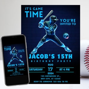 Invitación de cumpleaños de béisbol neón, invitación para fiesta deportiva, invitación de cumpleaños de béisbol, archivo digital editable, descarga instantánea