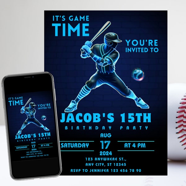 Neon Baseball Birthday Invitation Sports Party Invite, Baseball Birthday Invite, Digital Editable File, Instant Download