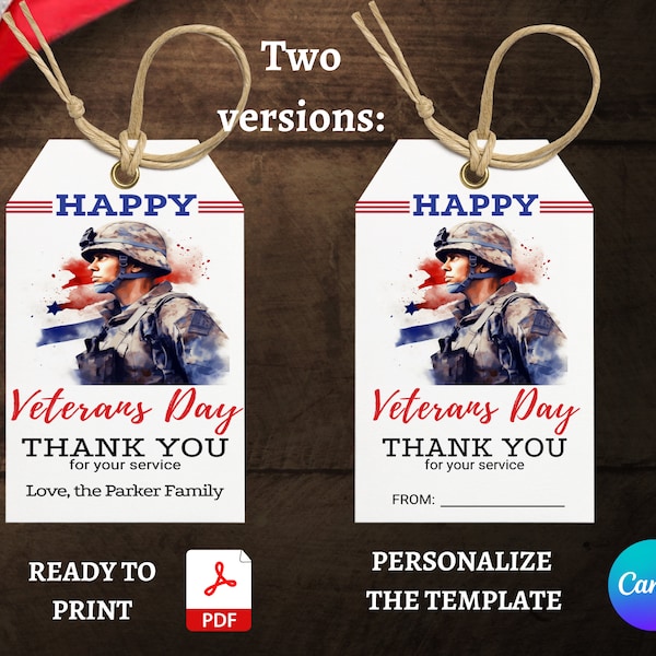 Editable Veterans Day Thank You For Your Service Printable Gift Tag, Military Hero Appreciation Favor Tags, Personalized Veterans Tag, PDF