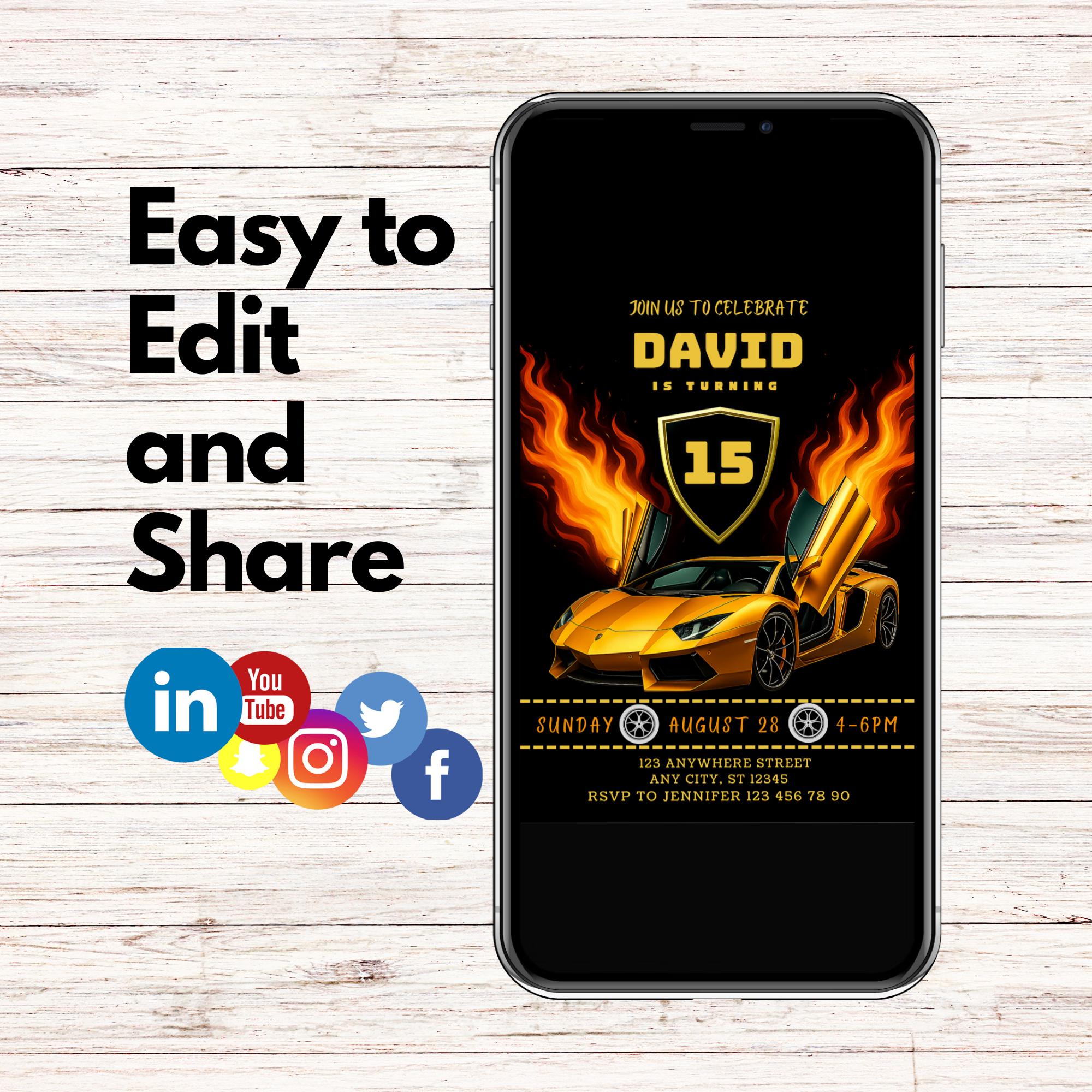 Lamborghini Race Car Birthday Invitation: Canva Template 5x7 (digital ...