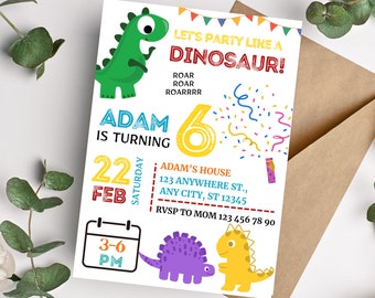 Dinosaur Birthday Invitation Template Editable Dino Party Invite With ...