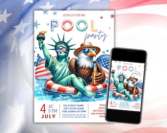 4th of July Pool Party Invitation - Independence Day Pool Party Patriotic Invite Editable Template Instant Download PDF, JPG, PNG