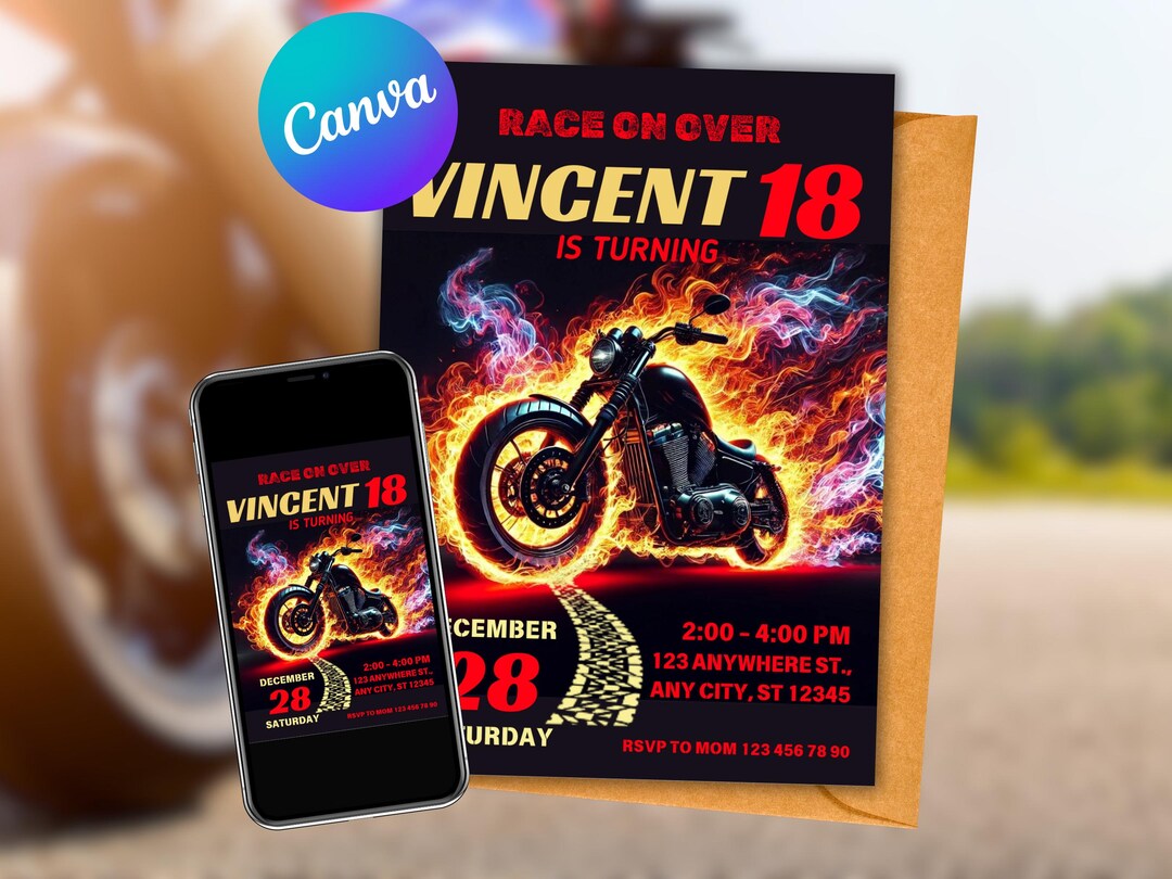 Editable Motorcycle Birthday Invitation, Boys Motorcycle Party, Canva ...