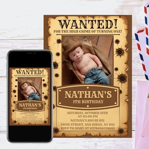 Wanted 1th Birthday Invitation with Photo, Cowboy Birthday Invitation, Cowboy Party, Picture, Western Birthday Party