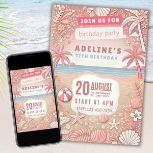Invitación de cumpleaños con conchas marinas: Fiesta en la playa (Descarga digital)