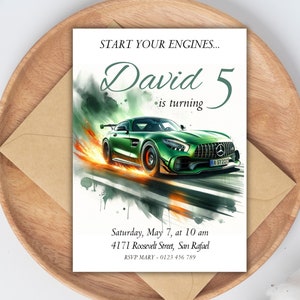 Car Birthday Invitation Editable Green Car Party Invitation, Race Car Party, Digital Invite, Canva Template