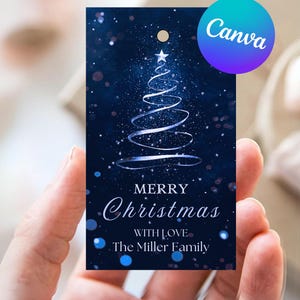 Modern Christmas Party Invitation Tags - Blue Christmas Tree Design - Editable Canva Template - Christmas Gift Tags for Favors