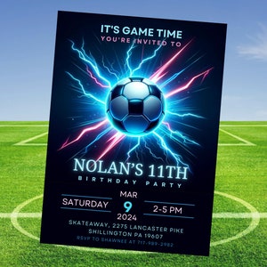 Convite de aniversário de futebol, convite para jogo de aniversário de futebol, convite editável para festa de futebol, convite para hora do jogo, modelo Canva