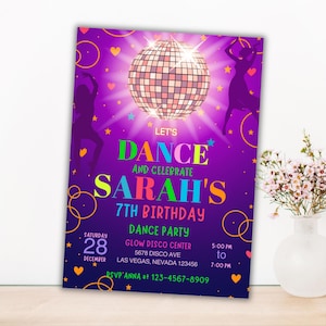 Bearbeitbare Disco Party Einladung, Neon Glow Dance Geburtstagseinladung, 5x7 Canva Vorlage, Vorder- und Rückseitendesign, Sofort Download