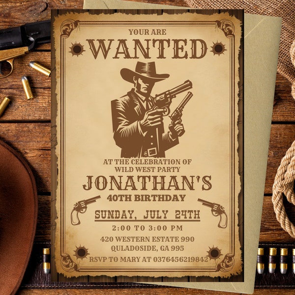 Wanted Birthday Invitation, Country Western Invitation, Cowboy Invitation, Wild West Party, Editable Printable Wanted Invite