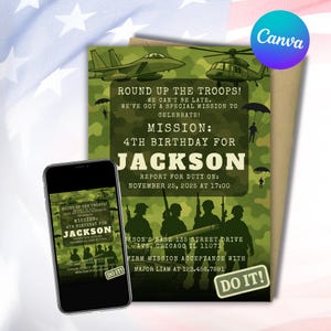 Leger verjaardagsuitnodiging voor jongens, bewerkbare canvassjabloon, militaire camouflage feestuitnodiging, 5 x 7 digitale download, missiethema