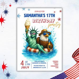 Modello di invito per il compleanno del 4 luglio, Canva Evite modificabile, invito per festa in piscina patriottica, download digitale per qualsiasi età, tema USA