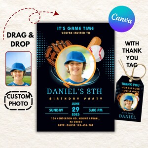 Baseball-Geburtstags-Fotoeinladung mit Danke-Tag, bearbeitbare 13x18 Canva-Vorlage, benutzerdefinierte digitale Sportparty einladen, sofortiger Download
