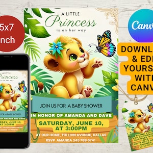 Lion Cub Baby Shower Invitation, Little Princess Baby Shower Invite, EDITABLE TEMPLATE, Floral Jungle Animal Girl Invite Pdf File Printable