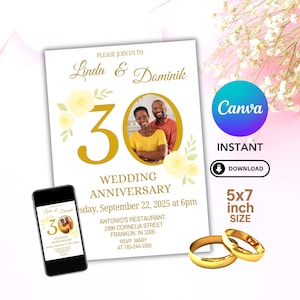 Modello elegante per invito al 30° anniversario di matrimonio su Canva / Invito per la festa del 30° anniversario / Design digitale stampabile 5x7 scaricabile