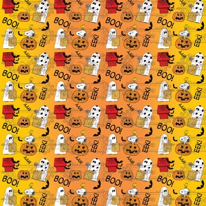 May include: A Halloween-themed pattern featuring a white ghost, a yellow and orange pumpkin, a red doghouse, and a cartoon bird carrying a bag of sweets. The background is a gradient of orange and yellow with black bats flying around. The text "BOO!" and "EEK!" is repeated throughout the pattern.