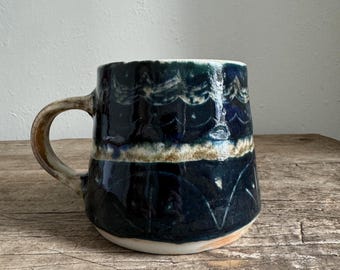 Hand Carved blue tan Sgraffito Mug // ceramic cup, coffee cup, handmade pottery, wheelthrown pottery, blue mug, clay mug,