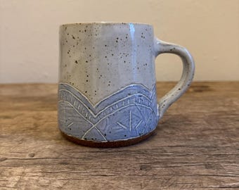 Hand Carved blue and white Sgraffito Mug // ceramic cup, coffee cup, handmade pottery, wheelthrown pottery, blue mug, clay mug,