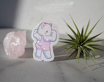 Cute holographic buff muscular cat vinyl sticker!! *new!!*