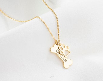 Personalized Dog Bone Name Necklace: Sterling Silver Paw Print Charm