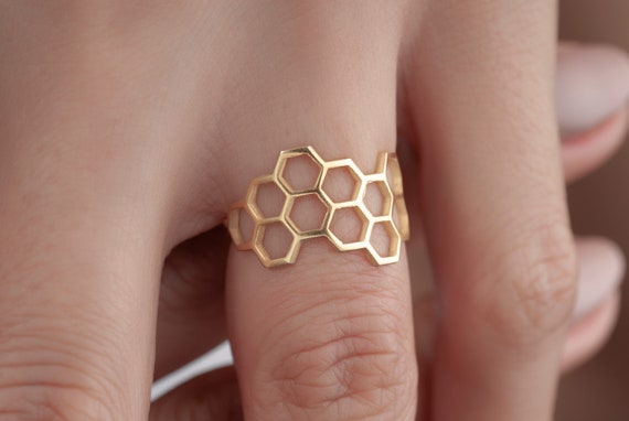 Dainty Bee Comb Band Ring, Protector Hexagon Rings, Minimalist Adjustable Honeycomb Ring, Tiny Charm Ring, 925k Silver/14ct Solid Gold