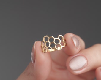 Dainty Honeycomb Bee Ring: 925 Sterling Silver, Nature Inspired