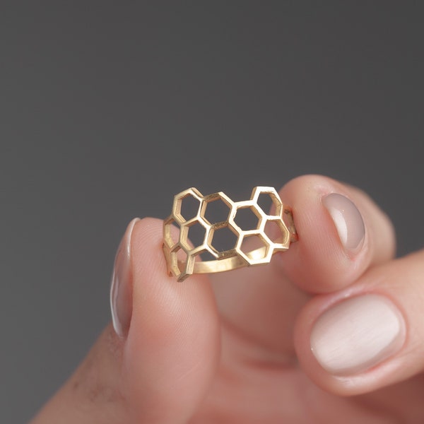 Minimalist Honeycomb Ring, Dainty Bee Comb Band Ring, Protector Hexagon Adjustable Rings, Tiny Charm Ring, 925K Silver, Birthday Gift