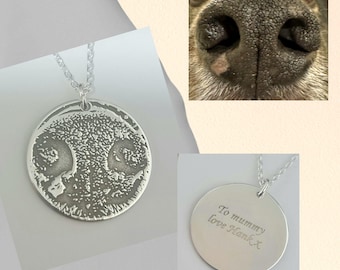 Personalized Pet Memorial Necklace - Sterling Silver Engraved Dog Nose Print Pendant