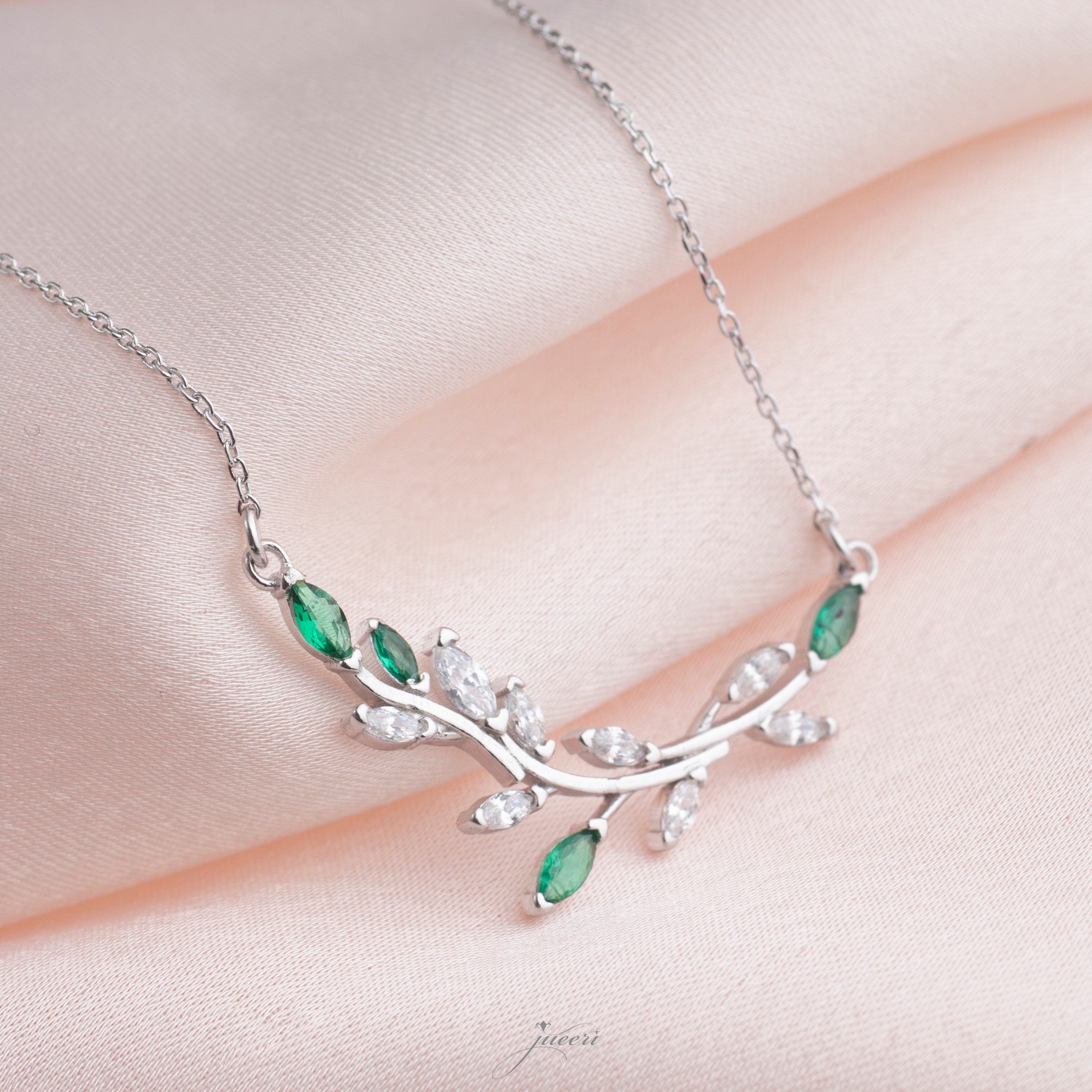 Minimalist Ivy Olive Leaf Necklace Emerald Stone Leaf Necklace 925 Sterling Silver Flower Dainty Baguette Necklace Birthday Gift for Her Etsy