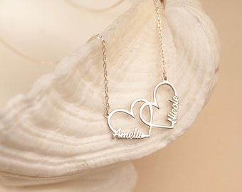 Personalized Double Heart Name Necklace - Sterling Silver Memorial Jewelry