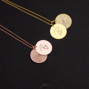 Original Real Fingerprint Jewellery, Initials Circle Name Necklace, Customized Actual Fingerprint Round Pendant, 925K Silver,14ctSolidGold image 8