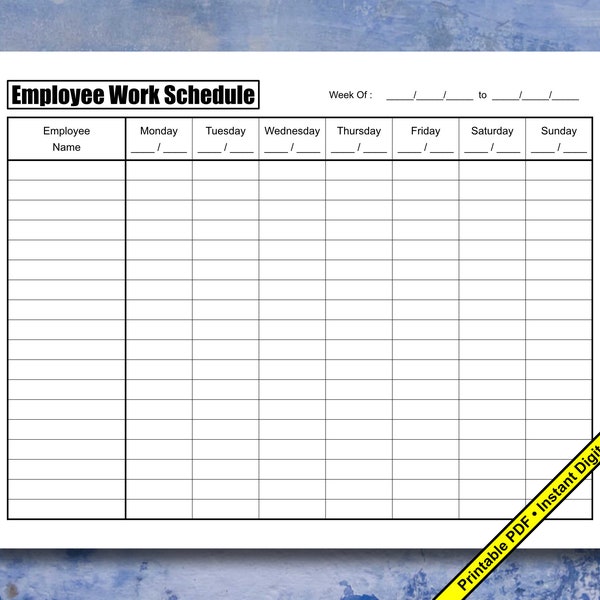 Weekly Employee Work Schedule | Printable PDF | Instant Digital Download