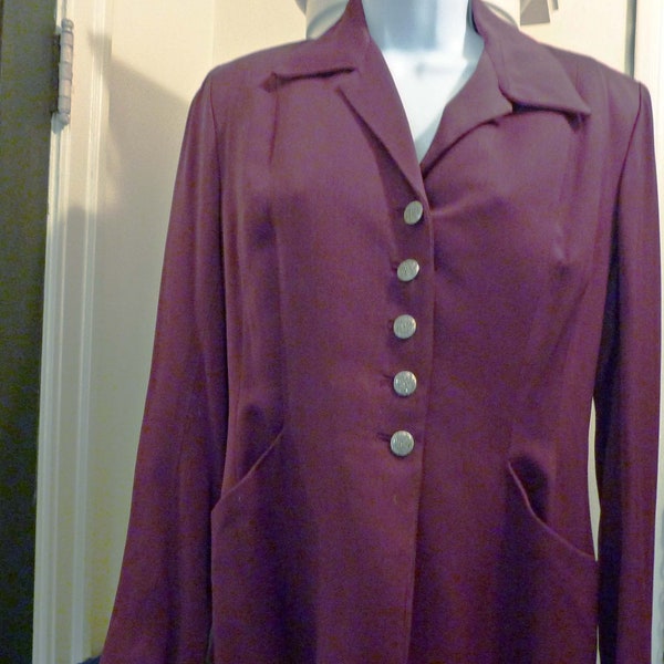 1940s Burgundy Gabardine Jacket, Tailored Vintage Suit Jacket, Metal Filigree Buttons, Pockets, Excellent Condition