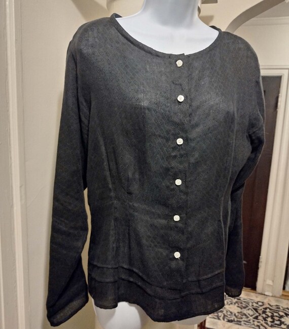 Black Linen Blouse, 100% Patterned Linen, Long Sl… - image 2