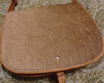 1950s Vintage Tan Pony Fur and Leather Shoulder Bag, Saddle