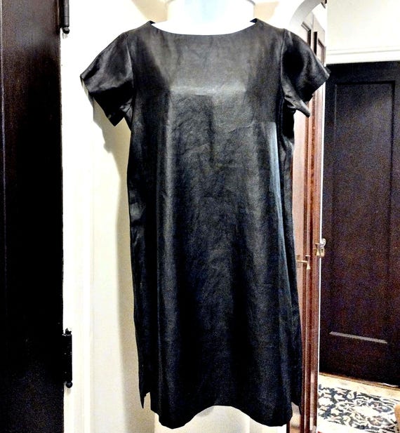 Black Silk Shantung Dress, 1990s Vintage, Chinese Silk, Simone Chin Chin, Short Sleeves