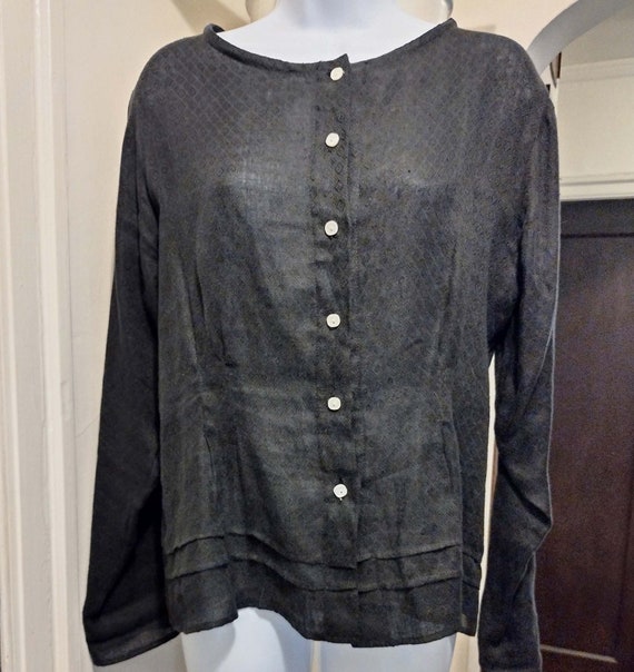 Black Linen Blouse, 100% Patterned Linen, Long Sl… - image 3
