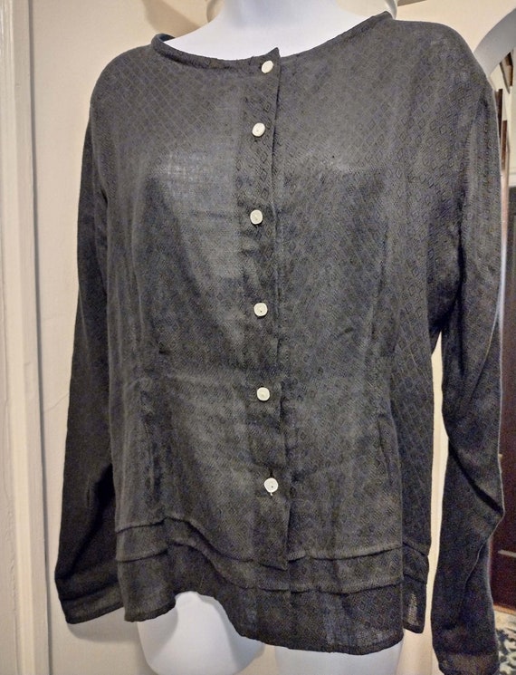 Black Linen Blouse, 100% Patterned Linen, Long Sl… - image 1