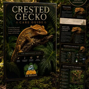 Puede incluir: Una guía digital de 12 páginas sobre el cuidado del gecko crestado con un gecko marrón en una rama, follaje tropical y texto que incluye "Crested Gecko Care Guide", "The Beginner's Guide" y "Flo-Tanicals", con secciones de hábitat y salud.
