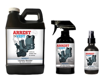 Refuerzo de detergente para ropa Arrest My Vest para agentes del orden, 16 oz, + 4 oz de aerosol eliminador de olores / aditivo detergente para ropa para uniformes y equipo policial