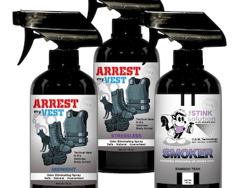 ¡Compra 2 y llévate 1 GRATIS! - 2 sprays para policías + 1 spray eliminador de olores Stink Solution / Chaleco Arrest My para equipo táctico, chaleco de Kevlar y unidades caninas.