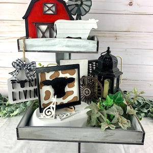 Farm Styled Tiered Tray, Farmhouse Tiered Tray, Cow Decor, homestead decor, Mini home signs, Shiplap Signs, Gift for Her,  Windmill Sign