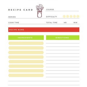 May include: A printable recipe card template with sections for recipe name, ingredients, directions, course, difficulty, cook time, total time, and serves. The card features a red and green color scheme and a simple illustration of kitchen utensils.