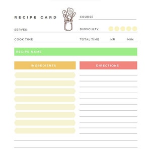 May include: A printable recipe card template with sections for recipe name, ingredients, directions, course, difficulty, cook time, total time, serves, and a graphic of kitchen utensils.