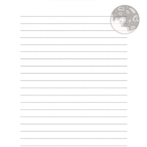 May include: A blank sheet of lined paper with a grey moon illustration in the top right corner. The moon has a white, wavy surface and a few small stars.