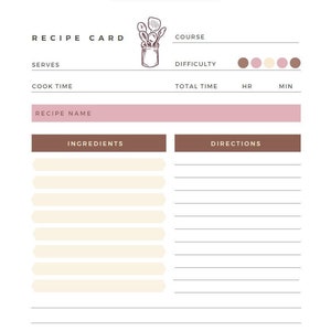 May include: A printable recipe card template with sections for recipe name, ingredients, directions, course, difficulty, cook time, total time, and servings. The card features a hand-drawn illustration of kitchen utensils in a jar.