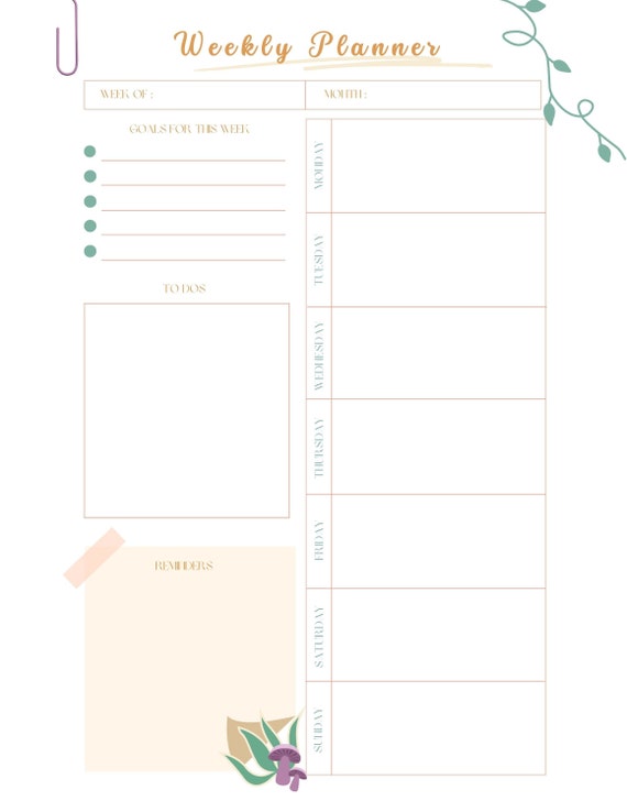 Printable 8.5 X 11 Weekly Planner Pages Reuseable Weekly Etsy