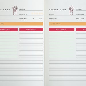 May include: A blank recipe card with a hand-drawn illustration of a jar with kitchen utensils. The card has sections for recipe name, course, difficulty, serves, cook time, total time, ingredients, and directions.