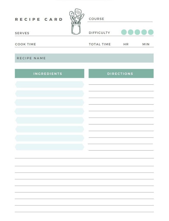 Printable Cookbook Recipe Pages Seafoam Surf Blue Green - Etsy